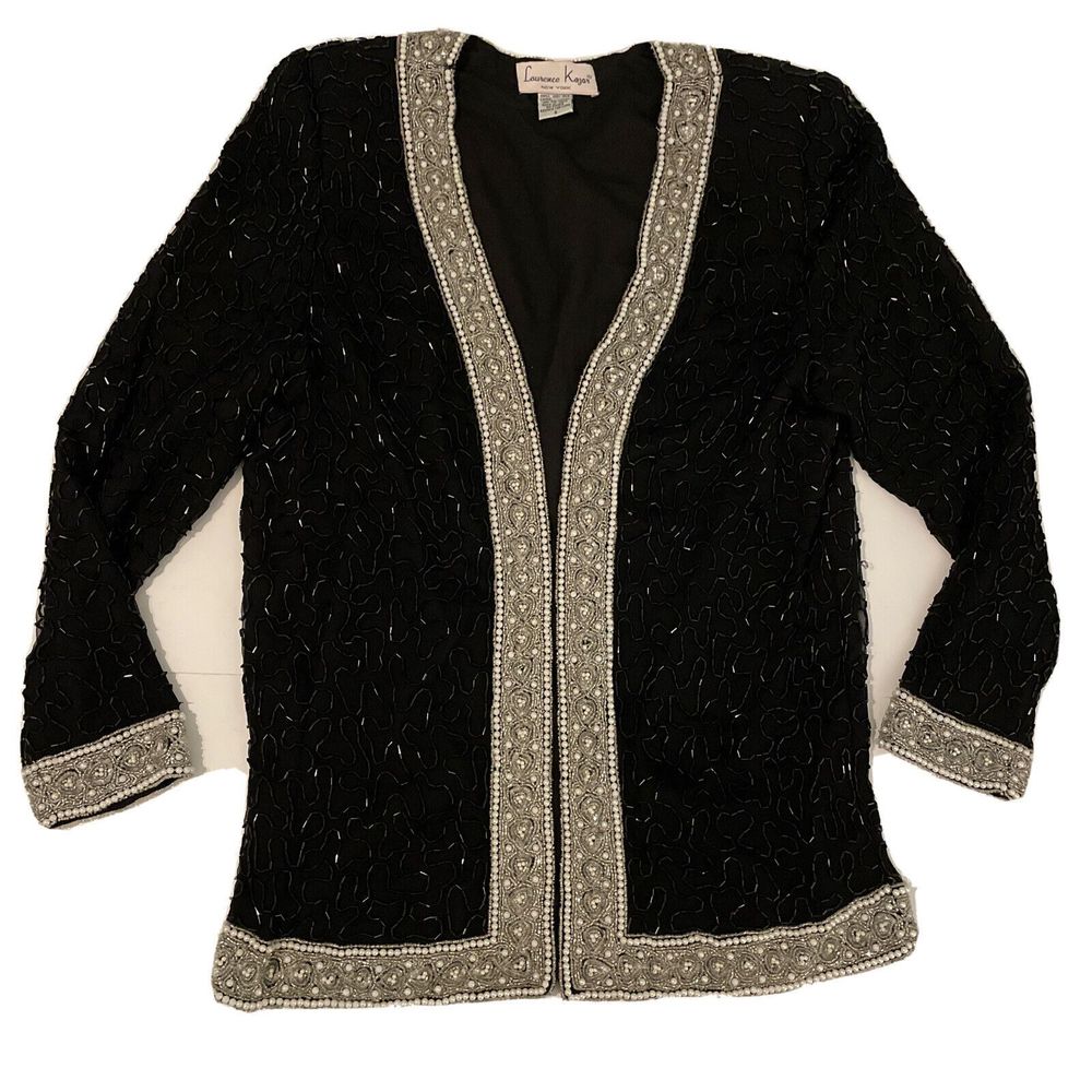 Laurence Kazar  Beaded Evening Jacket Blazer Vintage Women’s Small Black Pearl